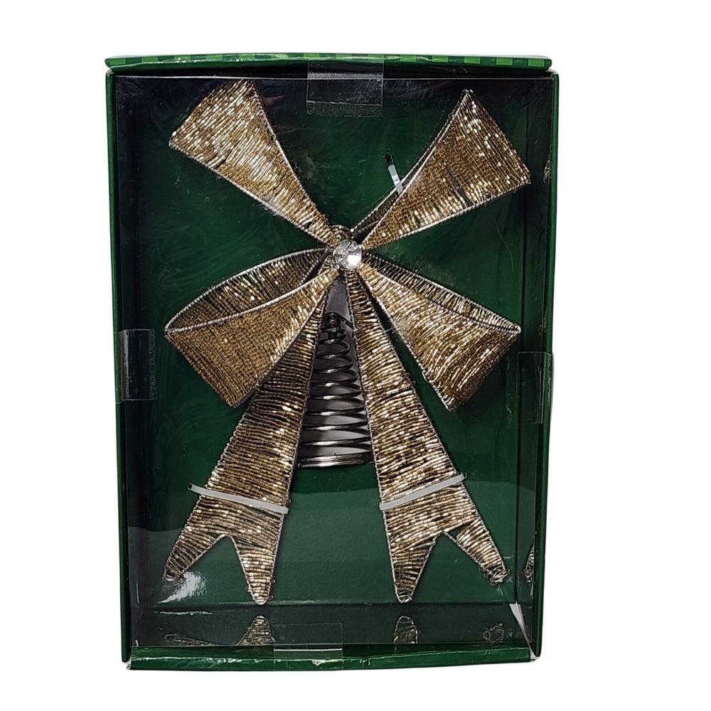 Beaded Bow Christmas Tree Topper Champagne Gold Metallic 11.5" Holiday Decor NEW